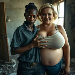 In a rundown room, a very short and malnourished 20-year-old black African woman with deep black skin has an angry expression