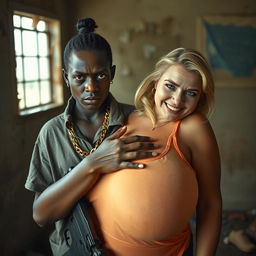 In a rundown room, a very short and malnourished 20-year-old black African woman with deep black skin has an angry expression
