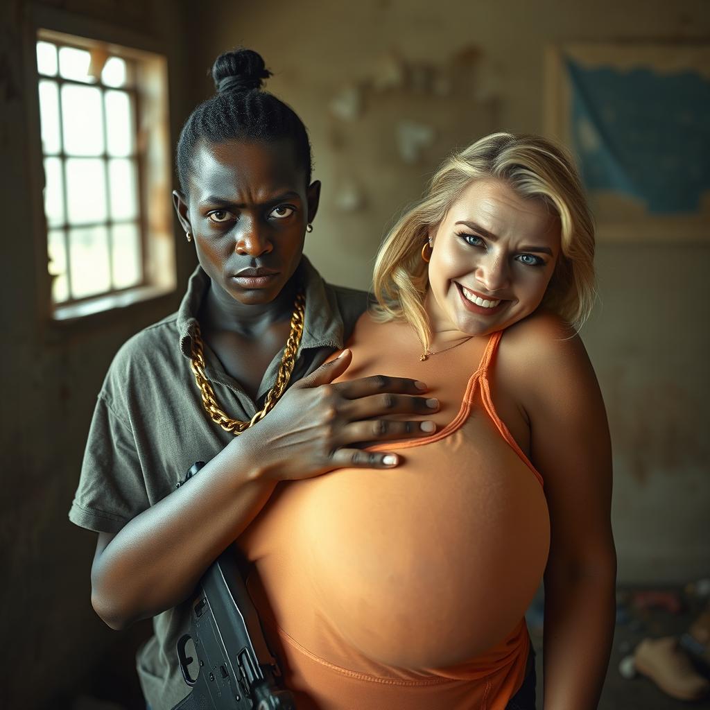 In a rundown room, a very short and malnourished 20-year-old black African woman with deep black skin has an angry expression