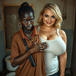 In a rundown room, a very short and malnourished 20-year-old black African woman with deep black skin has an angry expression