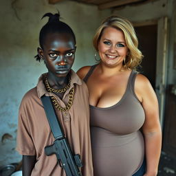 In a rundown room, a very short and malnourished 20-year-old black African woman with deep black skin has an angry expression