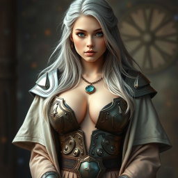 A very busty and cute Ukrainian cleric healer girl, characterized by her beautifully slim figure, triangular shaped kind face, and bright shining turquoise eyes