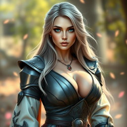 A very busty and cute Ukrainian cleric healer girl, characterized by her beautifully slim figure, triangular shaped kind face, and bright shining turquoise eyes