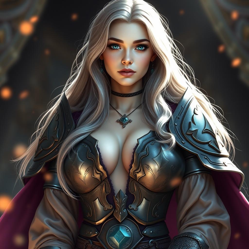 A very busty and cute Ukrainian cleric healer girl, characterized by her beautifully slim figure, triangular shaped kind face, and bright shining turquoise eyes