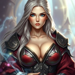 A very busty and cute Ukrainian cleric healer girl, characterized by her beautifully slim figure, triangular shaped kind face, and bright shining turquoise eyes