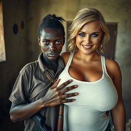 In a rundown room, a very short and malnourished 20-year-old black African woman with deep black skin displays an angry expression