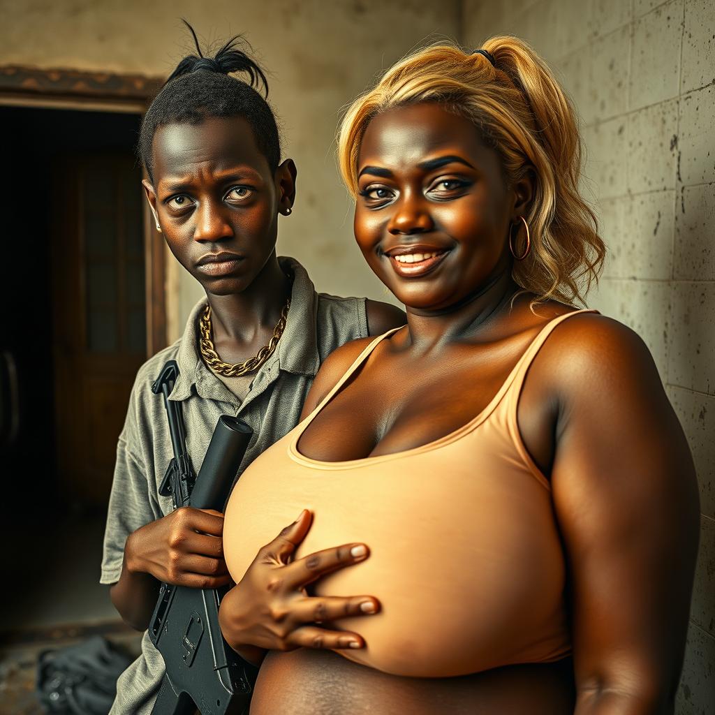 In a rundown room, a very short and malnourished 20-year-old black African woman with deep black skin displays an angry expression