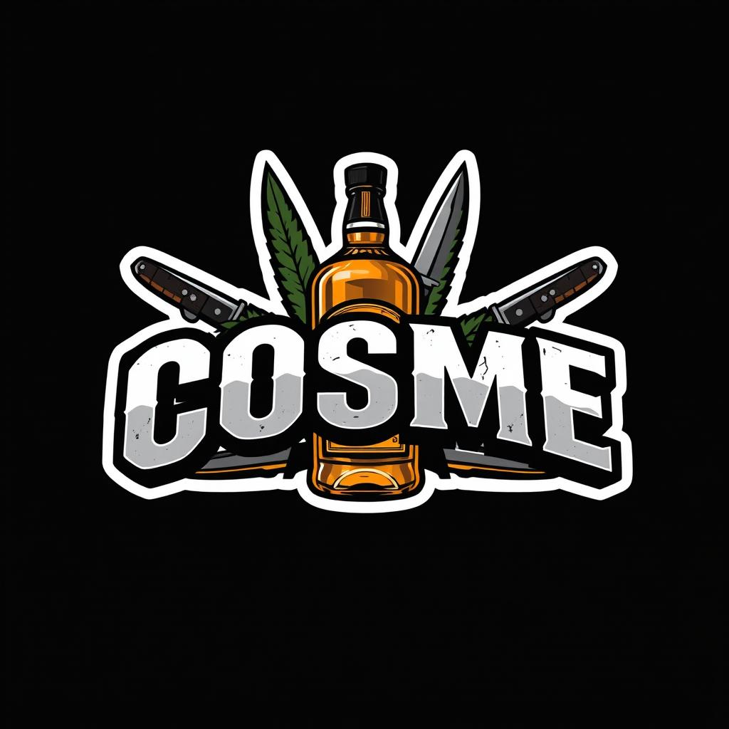 A rectangular sticker design featuring a dark background, showcasing a prominent and bold word "COSME" in an aggressive font at the center