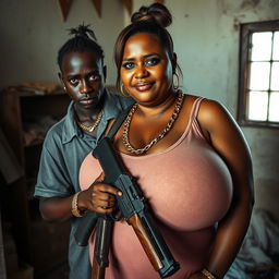 In a rundown room, a very short and malnourished 20-year-old black African woman with deep black skin has an angry expression