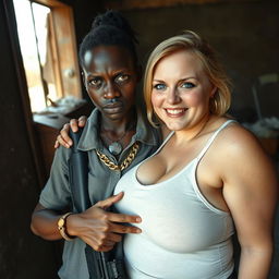 In a rundown room, a very short and malnourished 20-year-old black African woman with deep black skin has an angry expression
