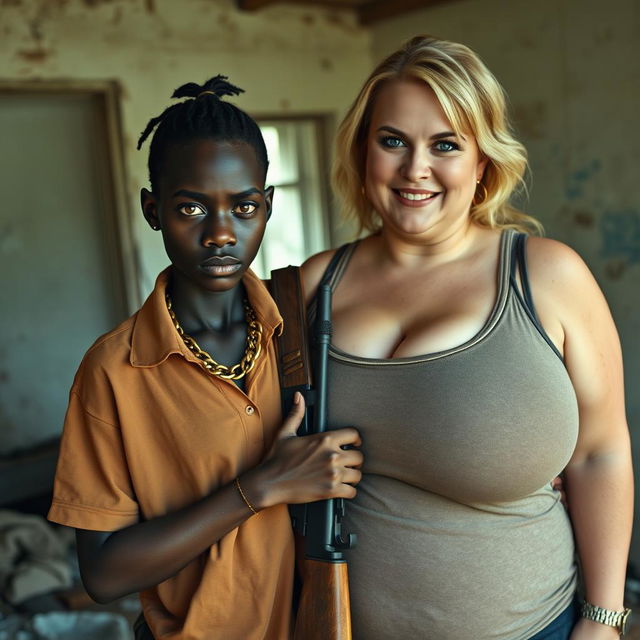 In a rundown room, a very short and malnourished 20-year-old black African woman with deep black skin has an angry expression