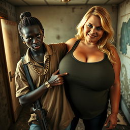 In a rundown room, a very short and malnourished 20-year-old black African woman with deep black skin has an angry expression