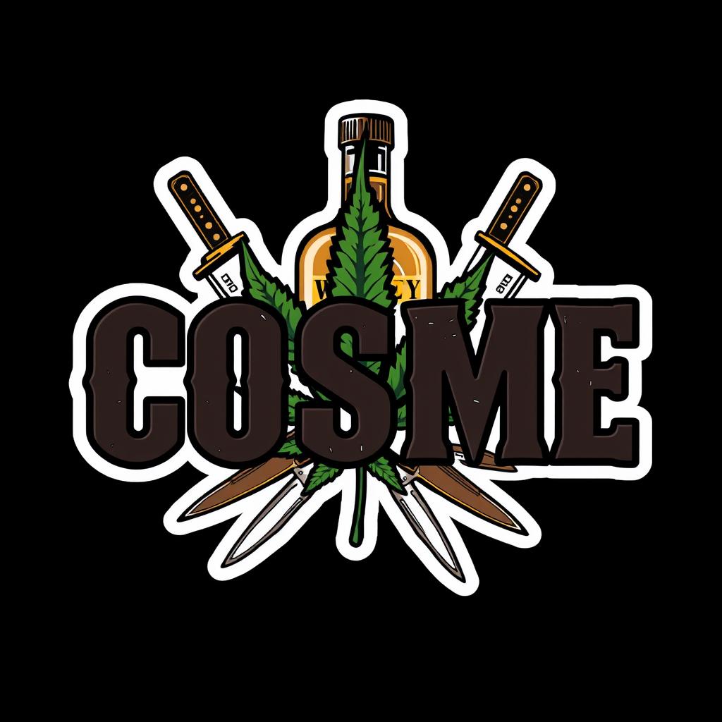 A rectangular sticker design with a dark background, featuring the word 'COSME' prominently in the center in large, aggressive font