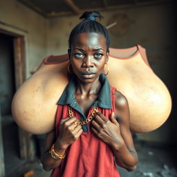 In a rundown room, a very short and malnourished 20-year-old black African woman with deep black skin exhibits an angry expression