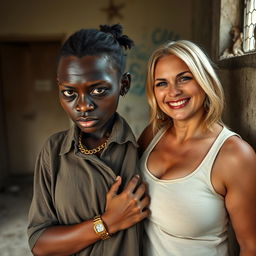 In a rundown room, a very short and malnourished 20-year-old black African woman with deep black skin exhibits an angry expression