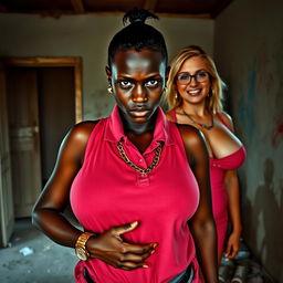 In a rundown room, a very short and malnourished 20-year-old black African woman with deep black skin displays an angry expression