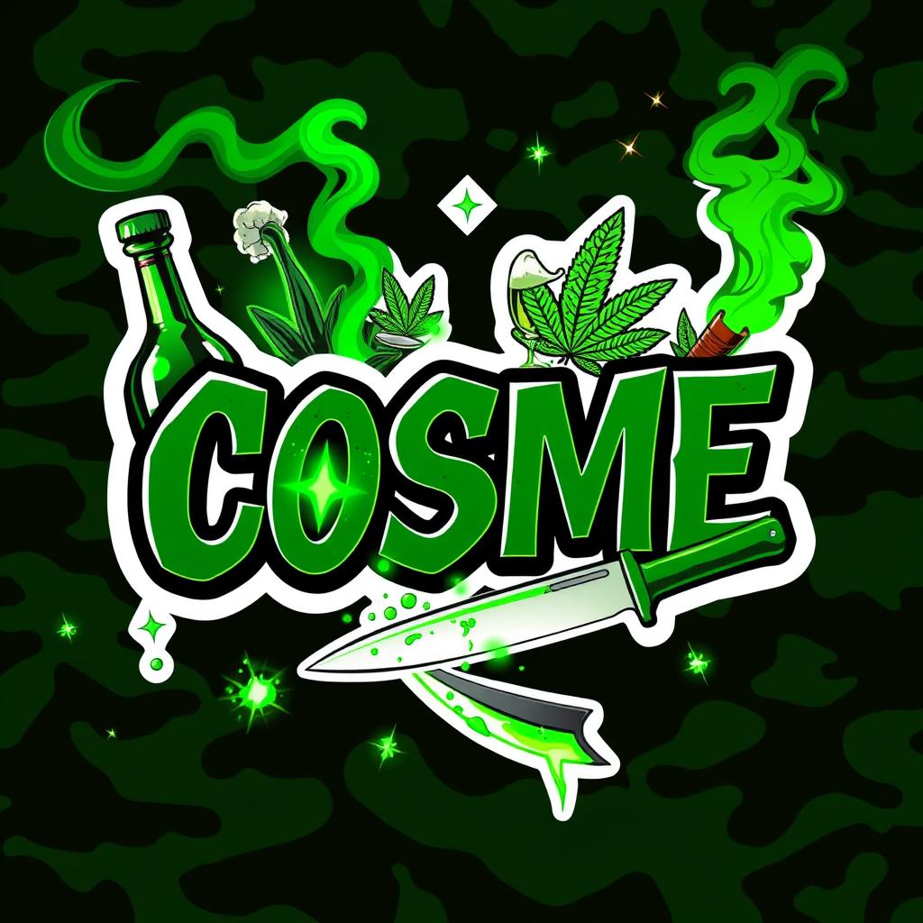 A vivid and aggressive sticker design featuring the word 'COSME' as the central element, styled in a hooligan and urban aesthetic