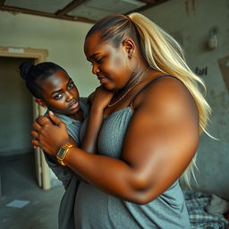 In a dilapidated room, a young African woman, very short and petite, around 20 years old, with deep black skin and an angry expression, wears a loose gangster-style men's polo shirt and a gold chain