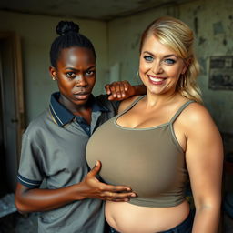 In a dilapidated room, a young African woman, very short and petite, around 20 years old, with deep black skin and an angry expression, wears a loose gangster-style men's polo shirt and a gold chain