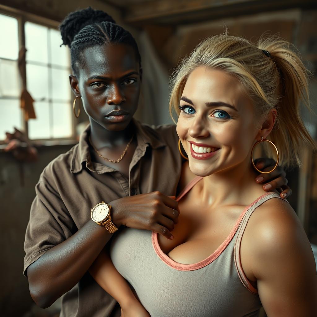 In a rundown room, a young African woman, very short and petite, aged 20, with deep black skin and an angry expression, wears a loose gangster-style men's polo shirt, a gold chain, and a gold watch