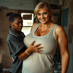 In a rundown room, a young African woman, very short and petite, aged 20, with deep black skin and an angry expression, wears a loose gangster-style men's polo shirt, a gold chain, and a gold watch
