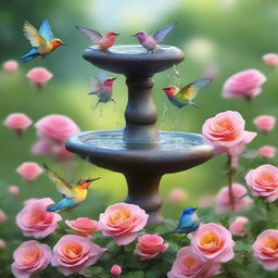 An enchanted garden populated with vibrant roses around a birdbath. Tiny whimsical fairies are joyfully splashing in the birdbath water.