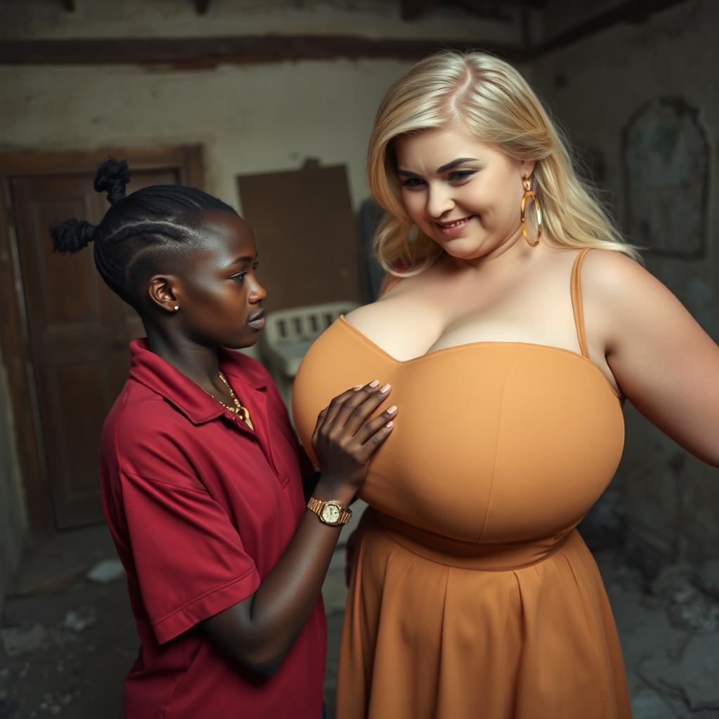 In a poor, rundown room, a young African woman, very short and petite, aged 20, with deep black skin and an angry demeanor, wears a loose gangster-style men's polo shirt, a gold chain, and a gold watch