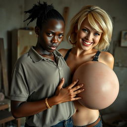 In a poor, rundown room, a young African woman, very short and petite, aged 20, with deep black skin and an angry expression, wears a loose gangster-style men's polo shirt, a gold chain, and a gold watch