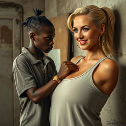 In a poor, rundown room, a young African woman, very short and petite, aged 20, with deep black skin and an angry expression, wears a loose gangster-style men's polo shirt, a gold chain, and a gold watch