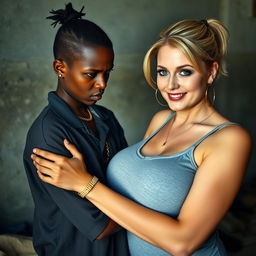 In a shabby, impoverished room, a 20-year-old young African woman, very short and petite, with deep black skin and an angry expression, is wearing a loose gangster-style men's polo shirt, a gold chain, and a gold watch