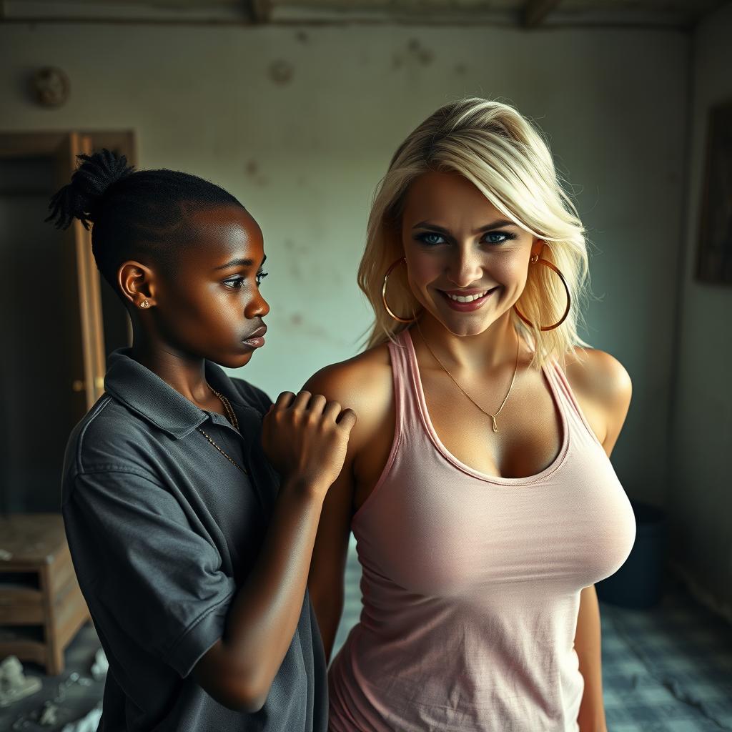 In a dilapidated room, a 20-year-old young African woman, very short and petite, with deep black skin and an angry expression, is dressed in a loose gangster-style men's polo shirt, a gold chain, and a gold watch
