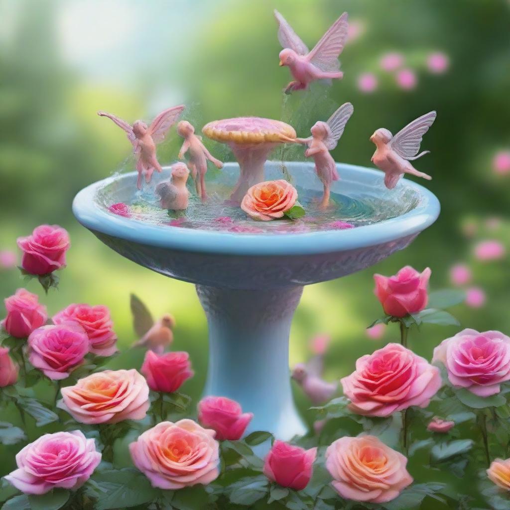 An enchanted garden populated with vibrant roses around a birdbath. Tiny whimsical fairies are joyfully splashing in the birdbath water.