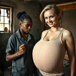 In a dilapidated and impoverished room, a 20-year-old young African woman, very short and petite, with deep black skin and an angry expression, wears a loose gangster-style men's polo shirt, a gold chain, and a gold watch