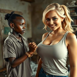 In a dilapidated and impoverished room, a 20-year-old young African woman, very short and petite, with deep black skin and an angry expression, wears a loose gangster-style men's polo shirt, a gold chain, and a gold watch