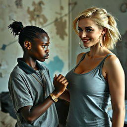 In a rundown, impoverished room, a 20-year-old young African woman, extremely short and petite, with very dark skin and an angry expression, wears a loose gangster-style men's polo shirt, a gold chain, and a gold watch
