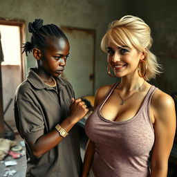 In a rundown, impoverished room, a 20-year-old young African woman, extremely short and petite, with very dark skin and an angry expression, wears a loose gangster-style men's polo shirt, a gold chain, and a gold watch