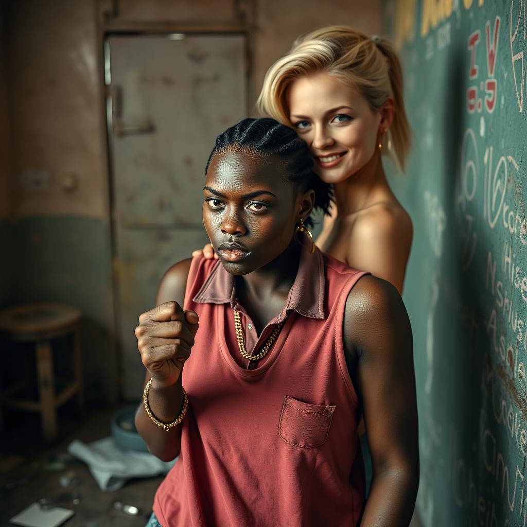 In a poor, rundown room, a 20-year-old young African woman, very short and petite, with deep black skin and an angry expression, wears a loose gangster-style men's polo shirt, a gold chain, and a gold watch
