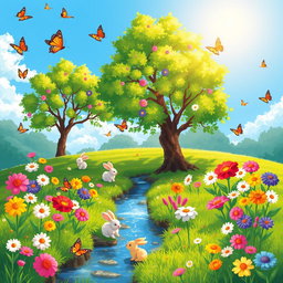A vibrant pixel art scene depicting the essence of spring, featuring blooming flowers in various colors, lush green grass, and a clear blue sky