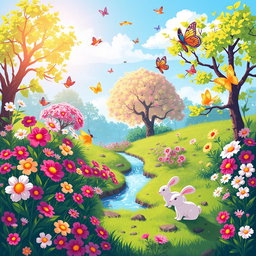 A vibrant pixel art scene depicting the essence of spring, featuring blooming flowers in various colors, lush green grass, and a clear blue sky
