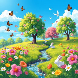 A vibrant pixel art scene depicting the essence of spring, featuring blooming flowers in various colors, lush green grass, and a clear blue sky