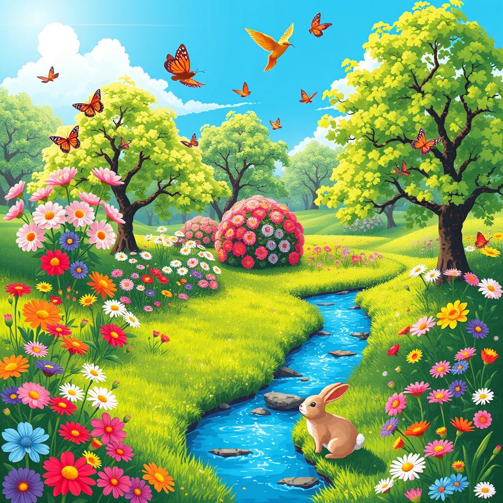 A vibrant pixel art scene depicting the essence of spring, featuring blooming flowers in various colors, lush green grass, and a clear blue sky