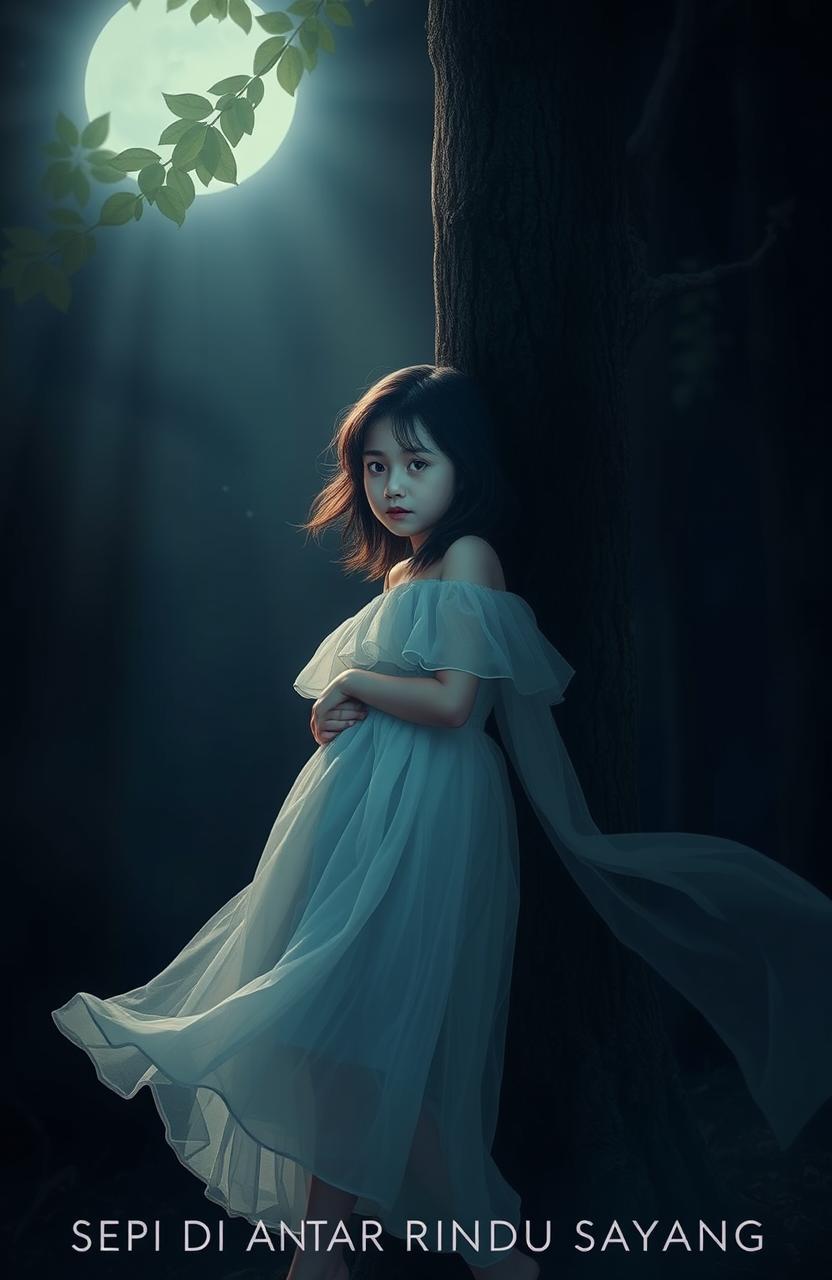 A young girl leaning against a tree alone at midnight, surrounded by a serene, dark forest