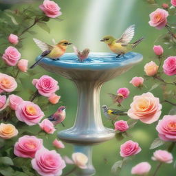 An enchanted garden populated with vibrant roses around a birdbath. Tiny whimsical fairies are joyfully splashing in the birdbath water.