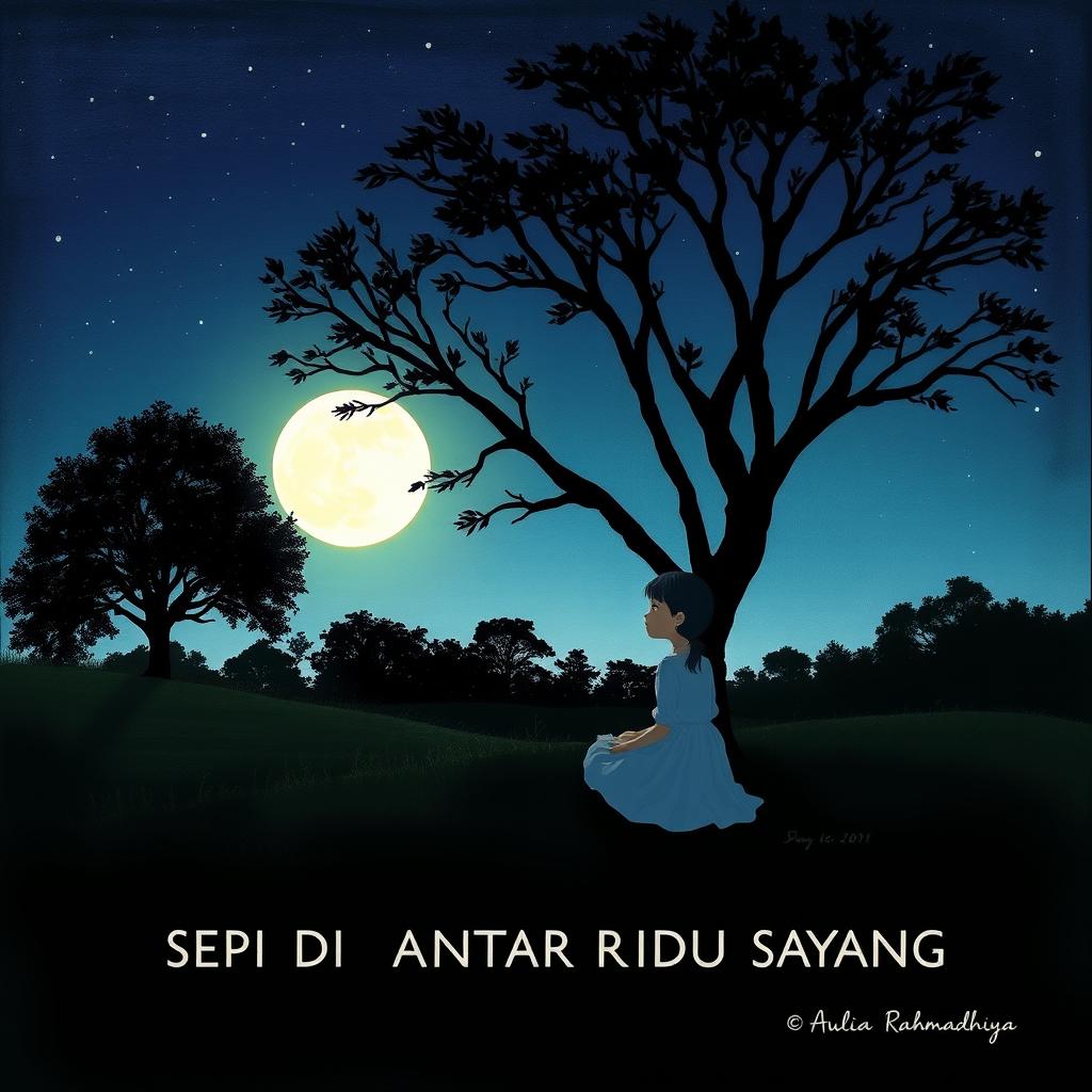 A night landscape depicting a serene scene with a young girl sitting alone under a tree