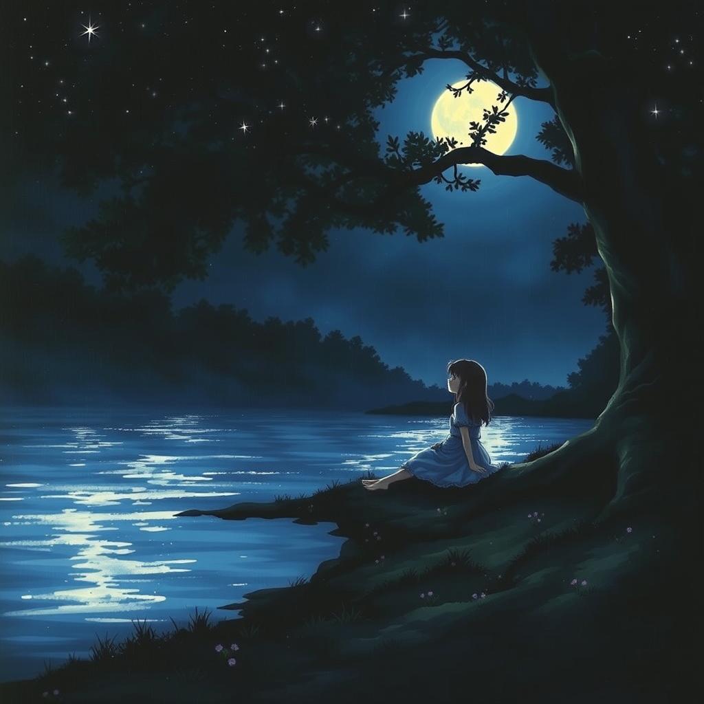 A night scene depicting a girl sitting alone under a tree by the riverbank