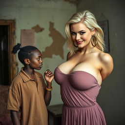 In a poor, rundown room, a 20-year-old young African woman, very short and petite, with very dark skin and an angry expression, is dressed in a loose gangster-style men's polo shirt, a gold chain, and a gold watch