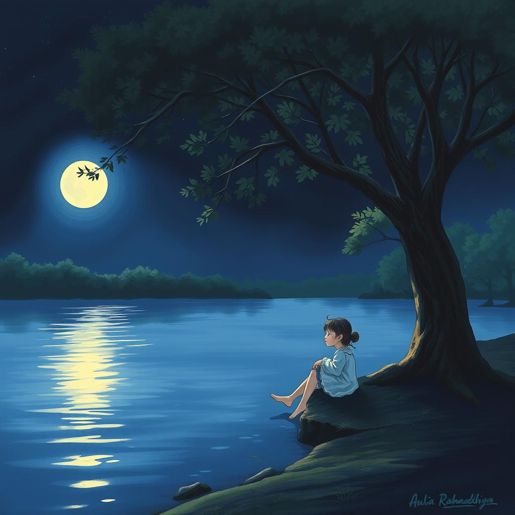 A night landscape featuring a girl sitting alone under a tree by the riverbank
