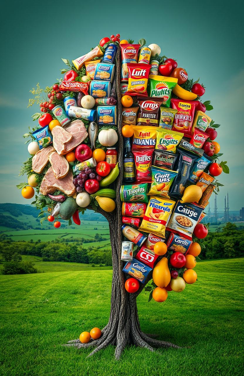 A visually striking tree representing the contrast between ultraprocessed products and natural foods