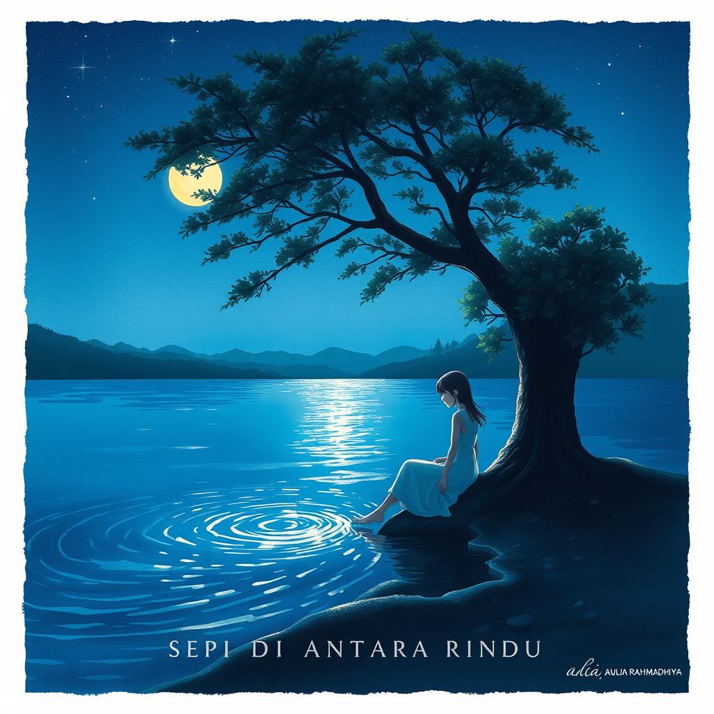 A serene night landscape featuring a girl sitting alone under a tree by the riverbank
