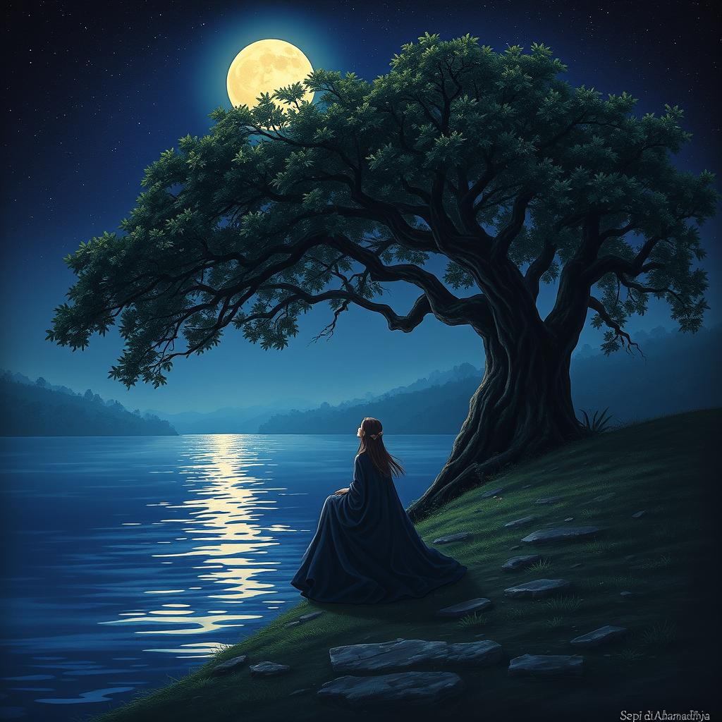 A captivating night landscape showcasing a girl sitting alone under a sprawling tree by the edge of a river